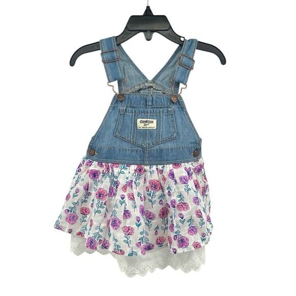 OshKosh B’gosh Baby Girls Eyelet Floral Print Denim Overall Jumper Dress 18M - Picture 1 of 12